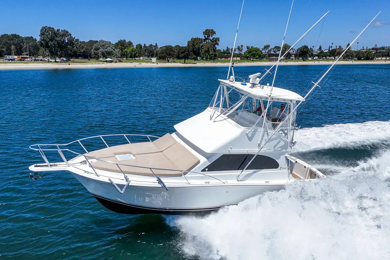 Slide: The Image of 2009 Egg Harbor 37 SportYacht cruising on blue water near a sandy shoreline. - 5
