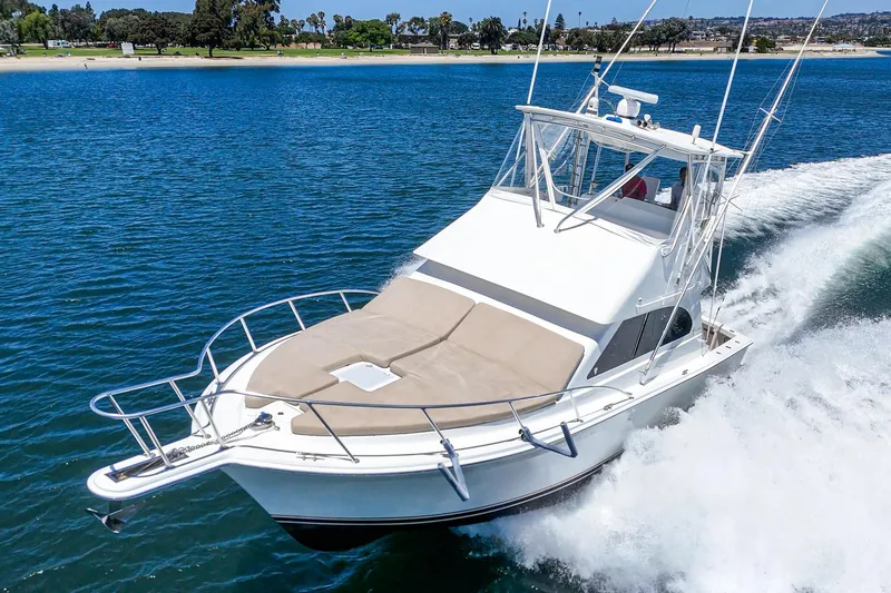 Slide: The Image of 2009 Egg Harbor 37 SportYacht cruising on blue water near a sandy shoreline. - 6