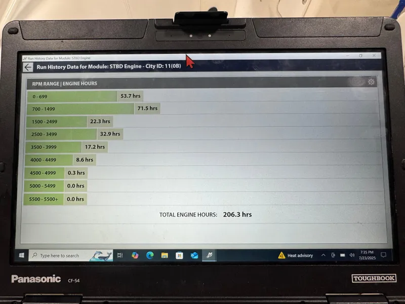 Slide: The Image of Laptop displaying engine RPM history data for Hurricane SD217, 2011 model. - 11