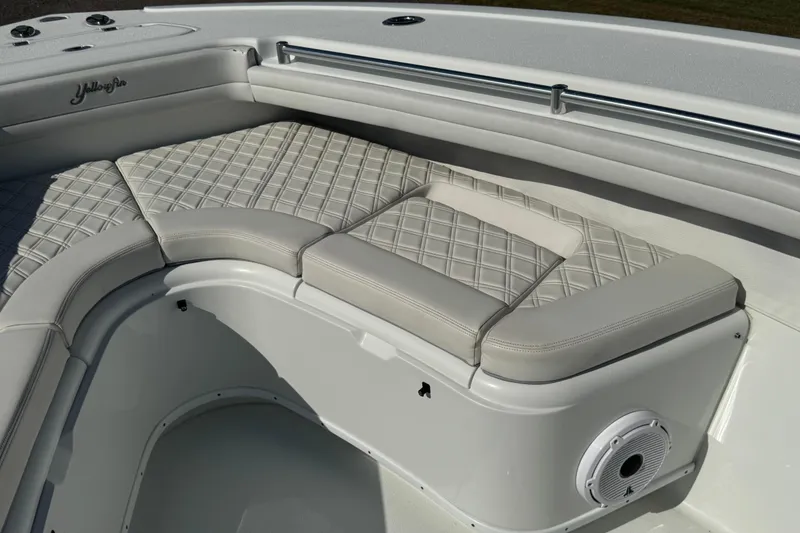 Slide: The Image of 2020 Yellowfin 36 Offshore boat in a covered storage area. - 35