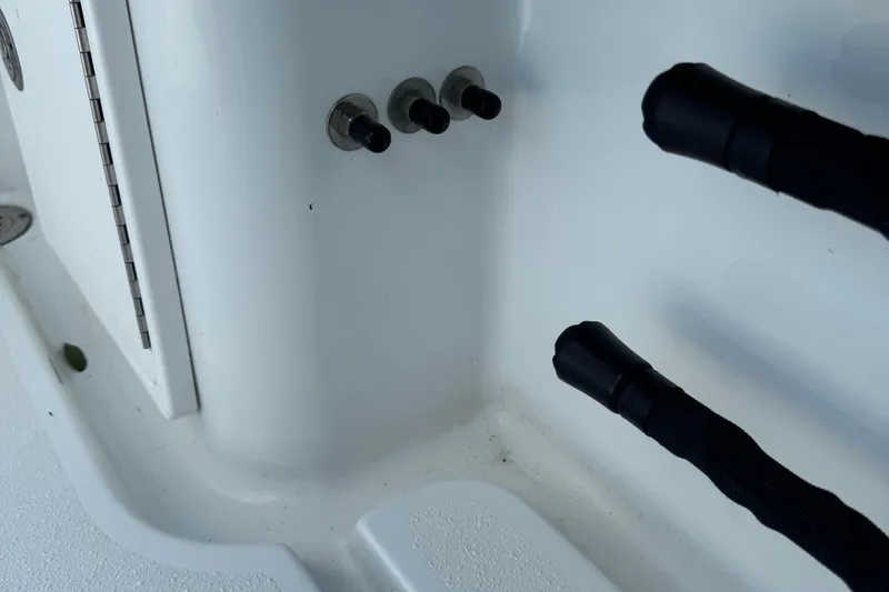 Slide: The Image of 2020 Yellowfin 36 Offshore boat engines and rod holders, top view. - 62