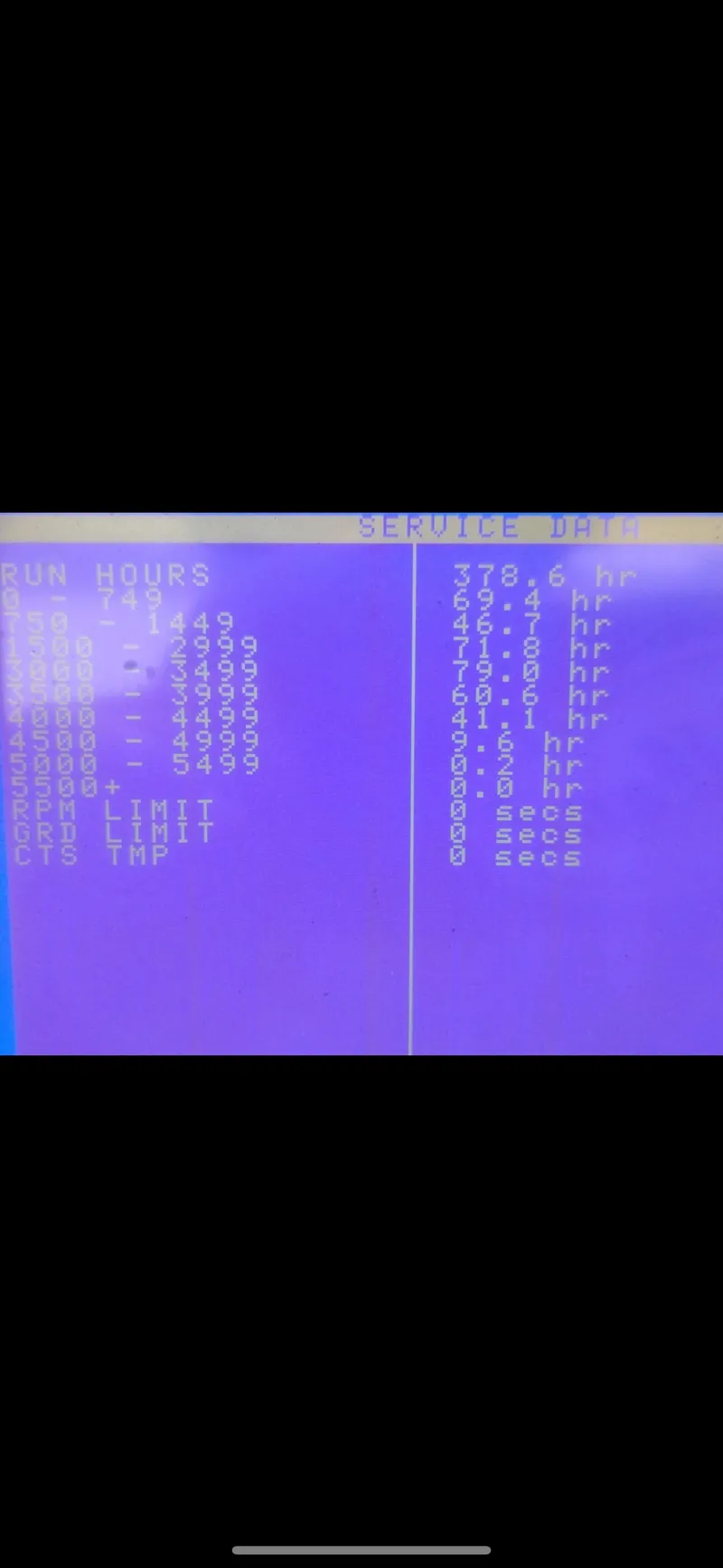 Slide: The Image of Blue screen displaying service data and run hours for Crest III 2570, 2008 model. - 16
