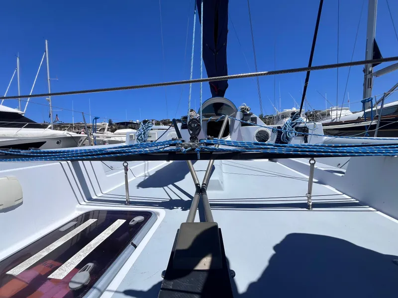 Slide: The Image of Sailboat deck view, Class 40 Antrim Design, 2009, with blue rigging and clear sky. - 15