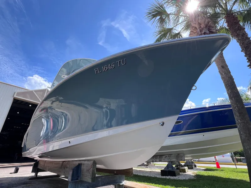 Slide: The Image of 2024 Sea Hunt Ultra 239 SE boat under bright blue sky with palm trees. - 17