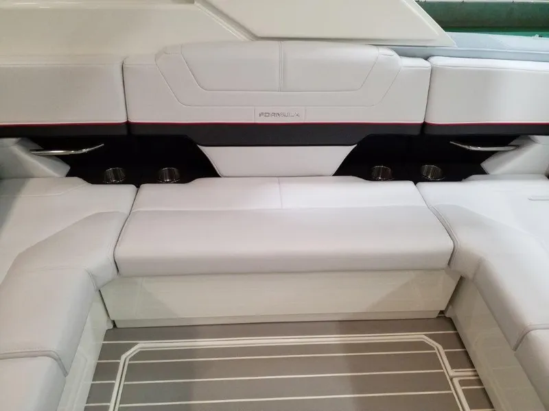 Slide: The Image of 2020 Formula 430 Super Sport Crossover interior seating with sleek white upholstery and cup holders. - 26