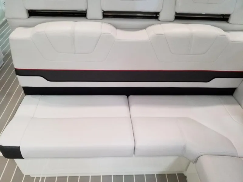 Slide: The Image of 2020 Formula 430 Super Sport Crossover white leather seating with black and red accents. - 27