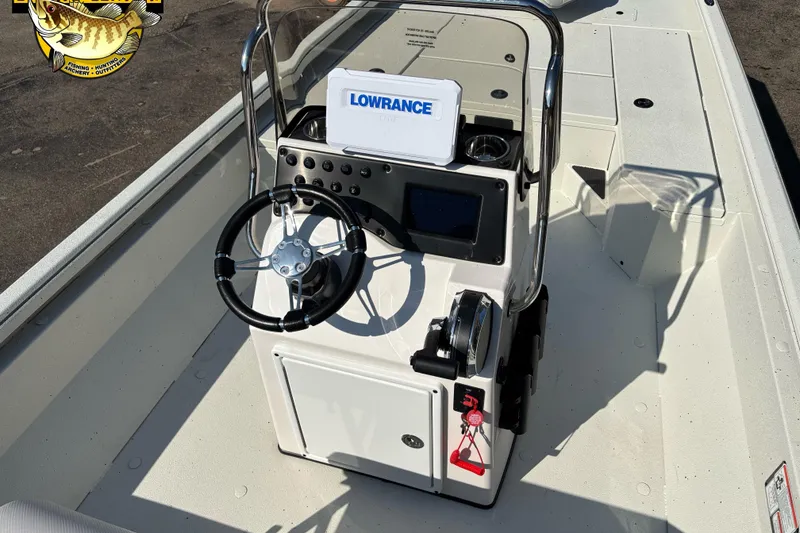 Slide: The Image of 2025 Ranger RB210 boat console with steering wheel and navigation system. - 5