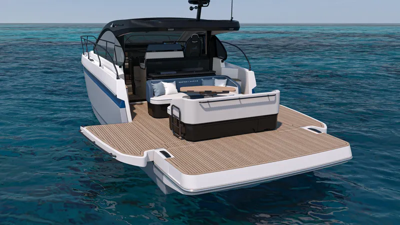 Slide: The Image of 2026 Beneteau Gran Turismo 40 yacht on open water, featuring spacious deck and modern design. - 5