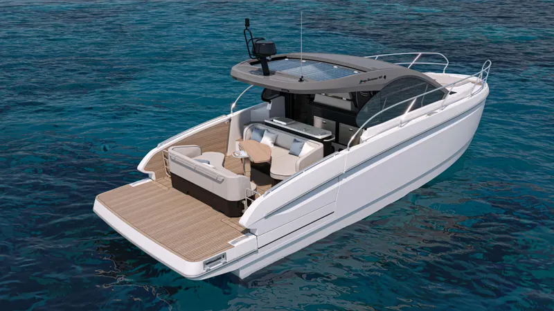 Slide: The Image of 2026 Beneteau Gran Turismo 40 yacht on clear blue water, showcasing sleek design and spacious deck. - 6