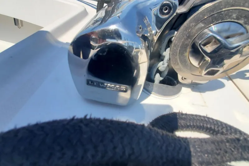 Slide: The Image of Close-up of a Lewmar winch on a 1998 Ocean Master 31 Center Console boat. - 18