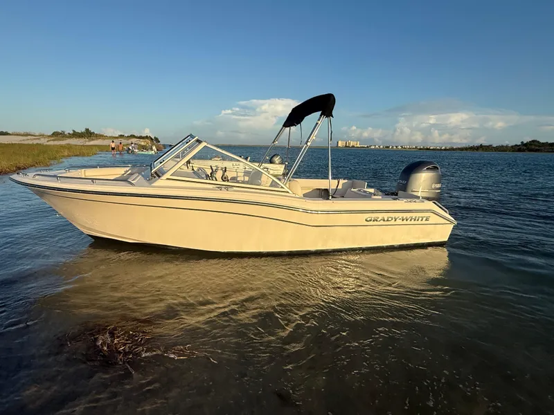 Slide: The Image of 2020 Grady-White Freedom 192 boat on calm water, sunny day, distant shoreline. - 3