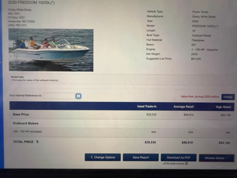 Slide: The Image of 2020 Grady-White Freedom 192 boat details with pricing and specifications displayed on screen. - 32