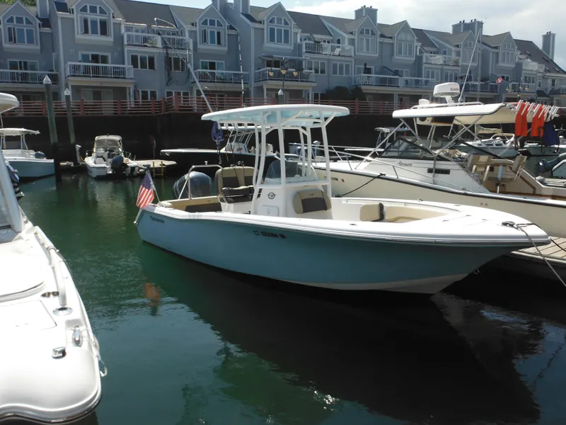 The Image of 2022 Tidewater 220 LXF boat docked in marina with waterfront homes in background. - 1