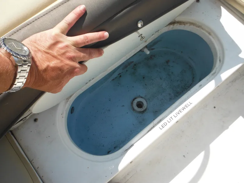 Slide: The Image of Tidewater 220 LXF 2022 boat's LED-lit livewell with open lid and hand. - 30