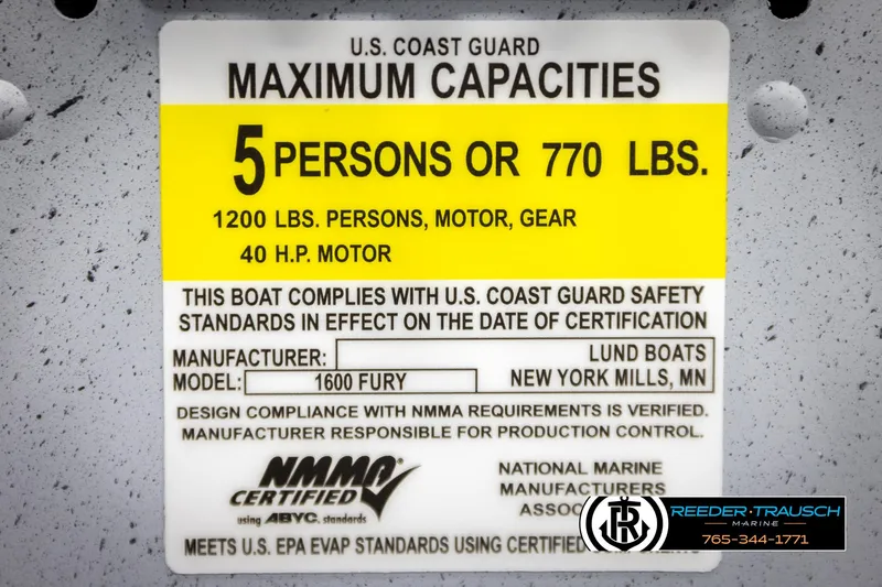 Slide: The Image of 2026 Lund 1600 Fury Tiller capacity label, 5 persons or 770 lbs, 40 HP motor. - 39