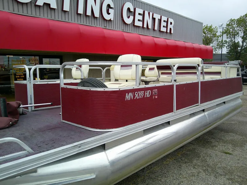 Slide: The Image of Red Misty Harbor 2020 EF pontoon boat parked outside a boating center. - 13