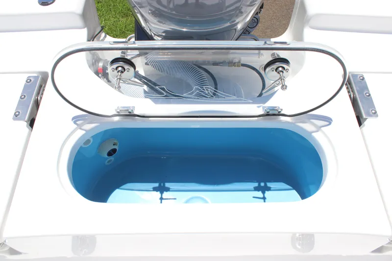 Slide: The Image of Livewell on 2026 Tidewater 1910 Bay Max boat, open lid, blue interior. - 18