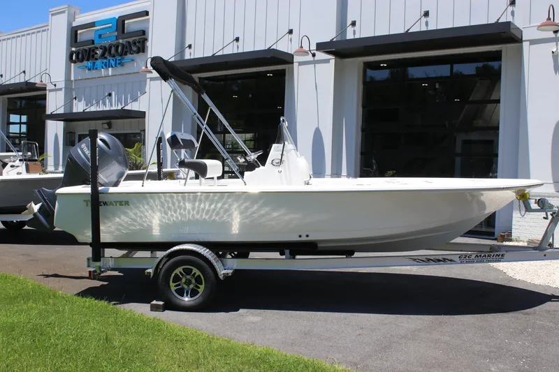 Slide: The Image of 2026 Tidewater 1910 Bay Max boat on trailer outside C2C Marine dealership. - 5