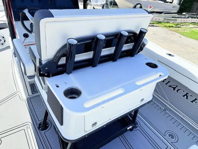 Slide: The Image of 2022 Blackfin 252 CC boat with rod holders and speakers under a clear blue sky. - 10