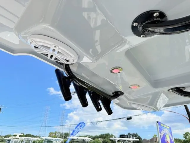 Slide: The Image of 2022 Blackfin 252 CC boat interior with white seating and modern design. - 20