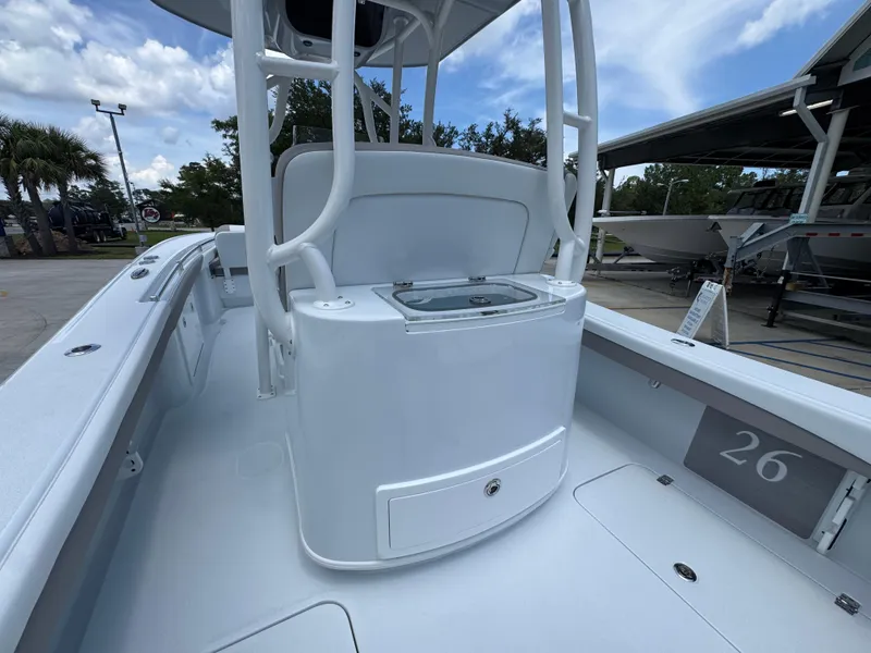 Slide: The Image of 2026 Yellowfin 26 Hybrid boat interior with center console, sleek design, and spacious deck. - 35