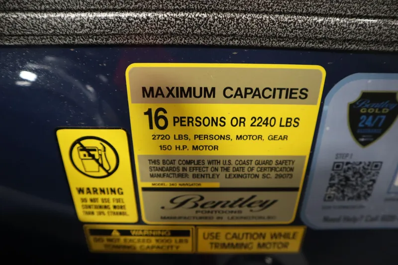 Slide: The Image of 2025 Bentley Pontoons 240 Navigator capacity label, 16 persons or 2240 lbs, safety warnings. - 27