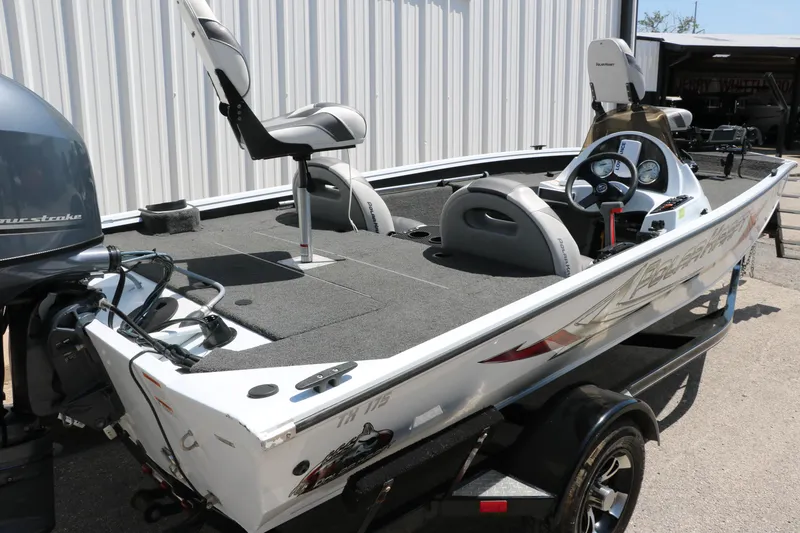 Slide: The Image of 2018 Polar Kraft Bass America TX175 Pro Bass boat with dual seats and motor. - 10