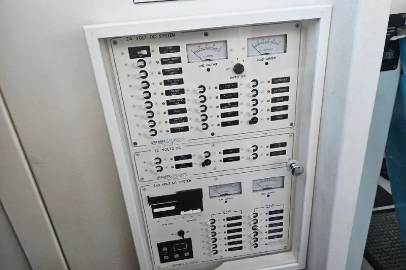 Slide: The Image of Electrical control panel with switches and meters for 24V DC, 12V DC, and 240V AC systems. - 25