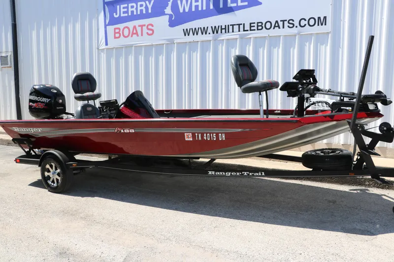 Slide: The Image of 2016 Ranger RT 188 boat on trailer, red color, displayed at Jerry Whittle Boats. - 3