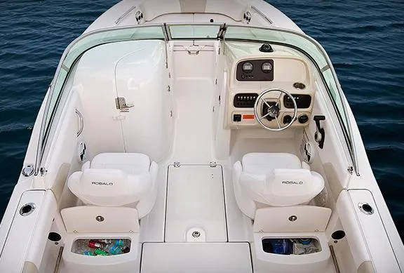 Slide: The Image of Manufacturer Provided Image: 2013 Robalo R207 Dual Console boat interior with steering wheel and seating. - 6