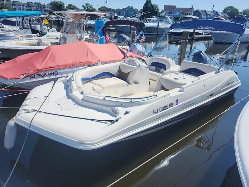 The Image of 2009 Hurricane SunDeck 2000 OB boat docked in marina, featuring spacious seating and canopy. - 0