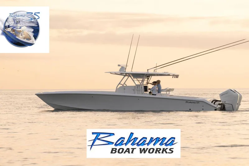Slide: The Image of 2024 Bahama 35 Super Center Console boat on calm water at sunset. - 24