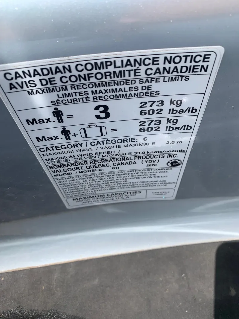 Slide: The Image of Canadian compliance notice on 2020 Sea-Doo GTI SE 170, showing weight and capacity limits. - 7