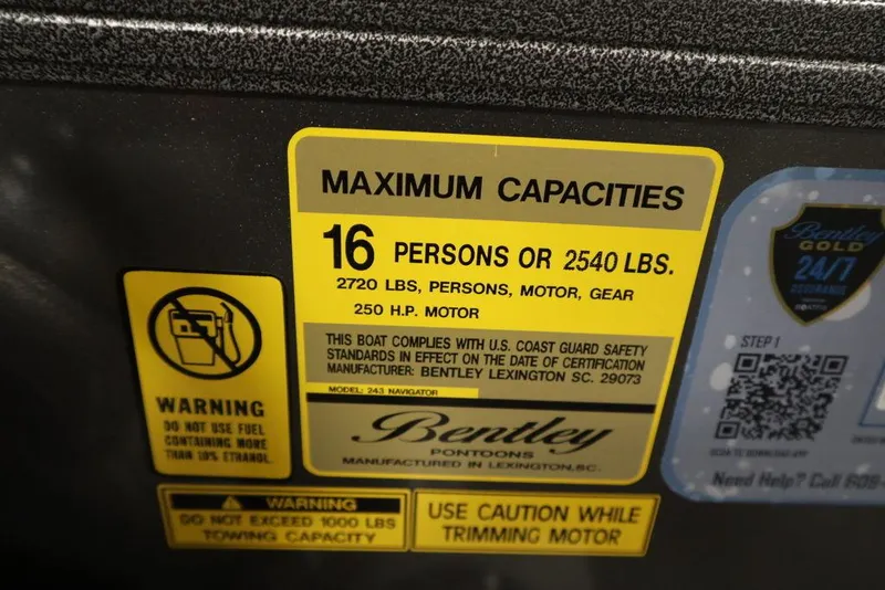 Slide: The Image of 2025 Bentley Pontoons 243 Navigator Tri-toon capacity label, 16 persons or 2540 lbs, 250 HP motor. - 26