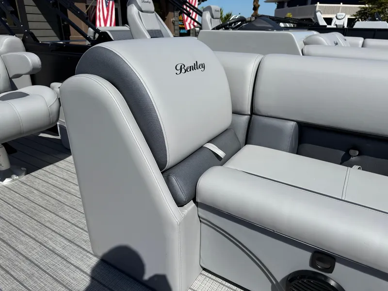 Slide: The Image of 2026 Bentley Pontoons Legacy 223 Navigator, luxurious gray seating detail. - 31