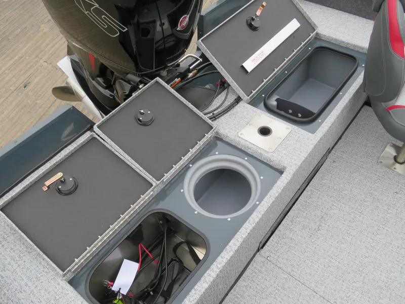Slide: The Image of 2024 Ranger VS1782SC Angler boat storage compartments and motor detail. - 5