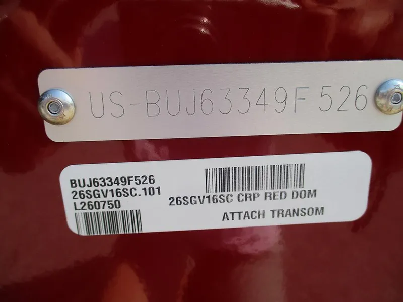 Slide: The Image of 2026 Tracker Super Guide V-16 SC boat identification plate with serial numbers and barcode. - 26