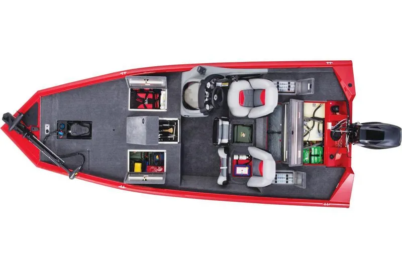 Slide: The Image of 2017 Tracker Pro Team 175 TXW fishing boat, top view, red exterior, organized seating and storage. - 15