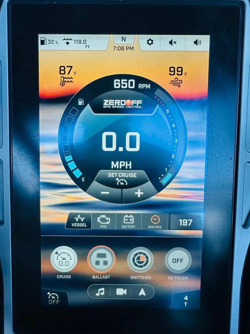 Slide: The Image of Touchscreen display of a 2020 Tigé 25ZX boat showing speed, RPM, and temperature controls. - 19