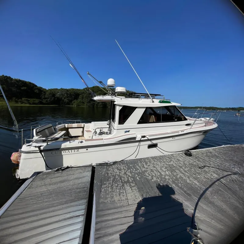 The Image of 2017 Cutwater C-28 boat docked on a sunny day, surrounded by calm water and lush greenery. - 0