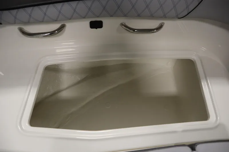 Slide: The Image of 2025 Bayliner D22I boat interior storage compartment with stainless steel handles. - 8
