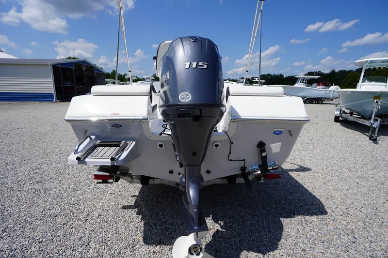 Slide: The Image of 2025 Tidewater 198 CC Adventure boat with Yamaha 115 engine, displayed outdoors. - 37