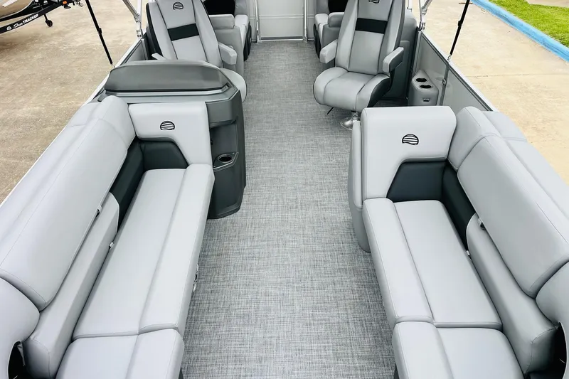 Slide: The Image of 2026 Sun Tracker Party Barge 22 DLX interior with spacious seating and modern design. - 10