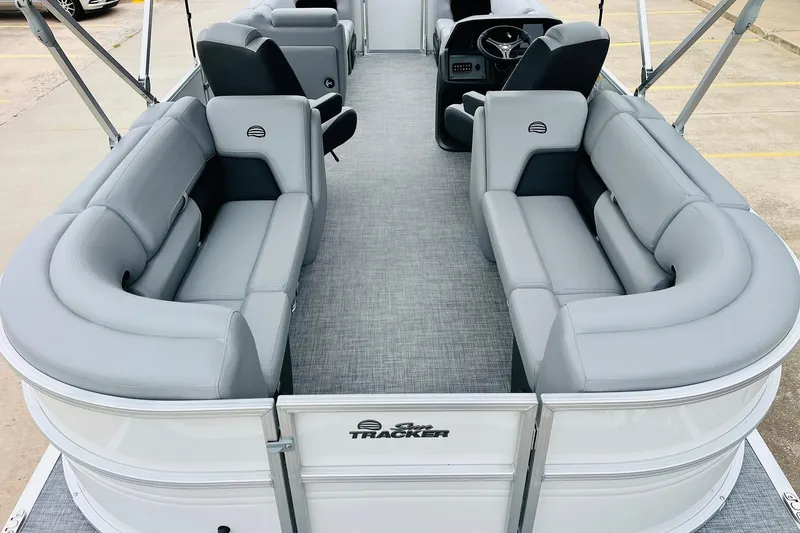Slide: The Image of 2026 Sun Tracker Party Barge 22 DLX with spacious seating and modern design. - 11