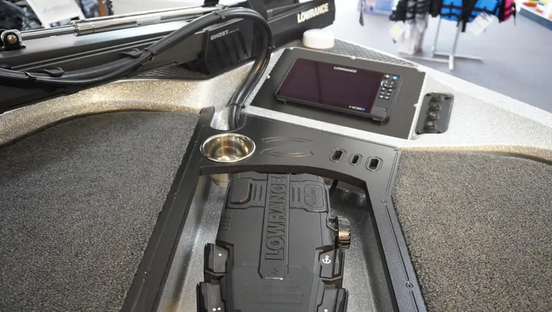 Slide: The Image of 2024 Ranger Z518 Ranger Cup boat dashboard with Lowrance electronics and Ghost trolling motor. - 8