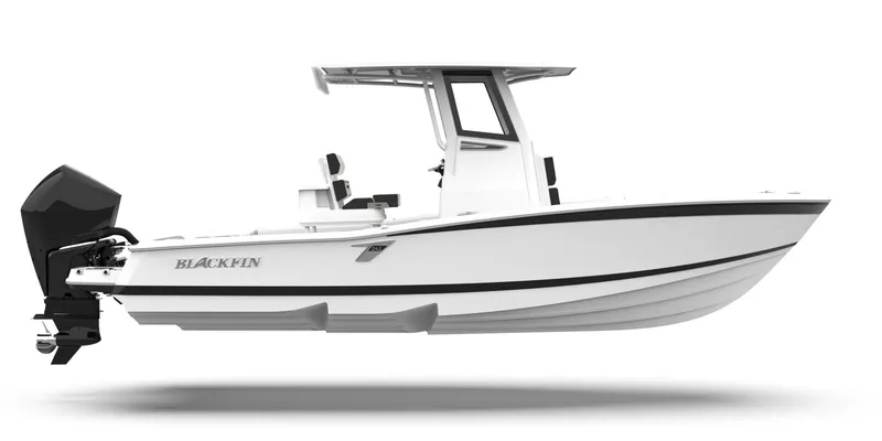 Slide: The Image of 2026 Blackfin 242 HB boat, sleek white design, powerful outboard motor. - 1