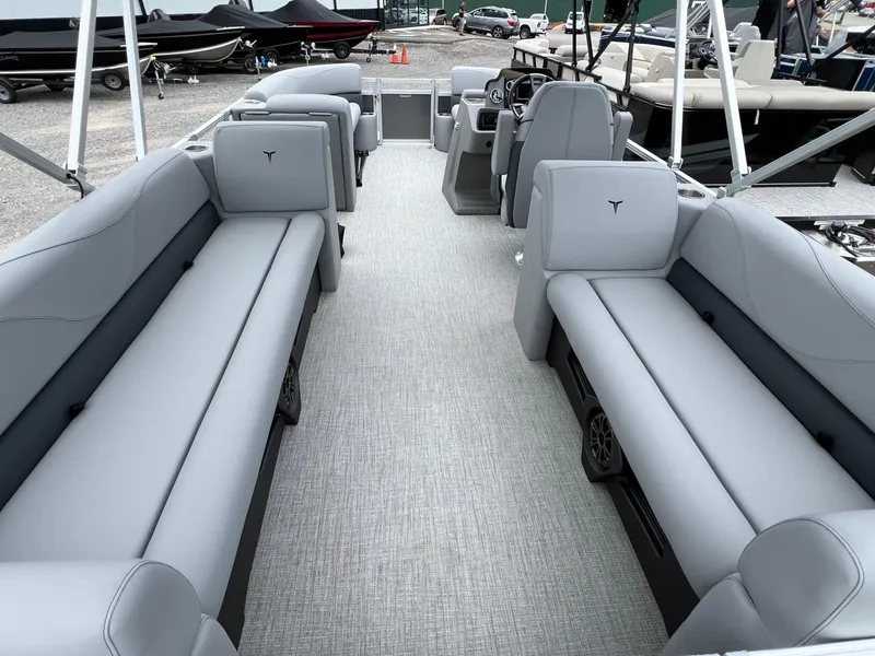 Slide: The Image of 2026 Tahoe Pontoon 2180 interior with gray seating and modern design. - 10