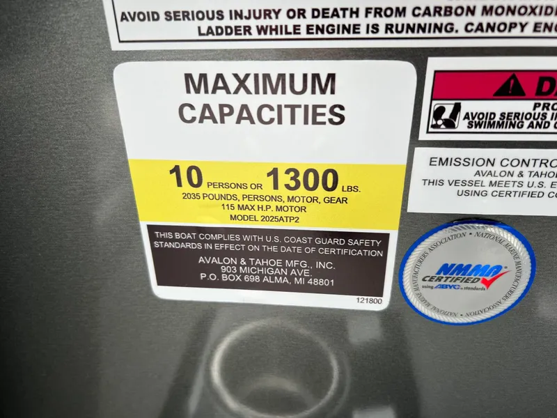 Slide: The Image of Maximum capacity label on 2026 Tahoe Pontoon 2180, 10 persons or 1300 lbs. - 11