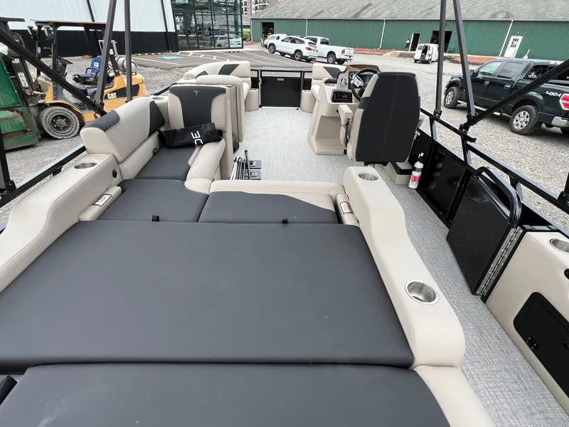 Slide: The Image of 2026 Tahoe Pontoon 2385 VRB interior with spacious seating and modern design. - 11