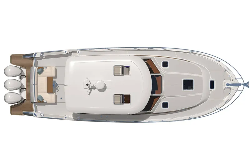 Slide: The Image of Top view of a 2026 Back Cove 39O yacht with triple outboard engines. - 4